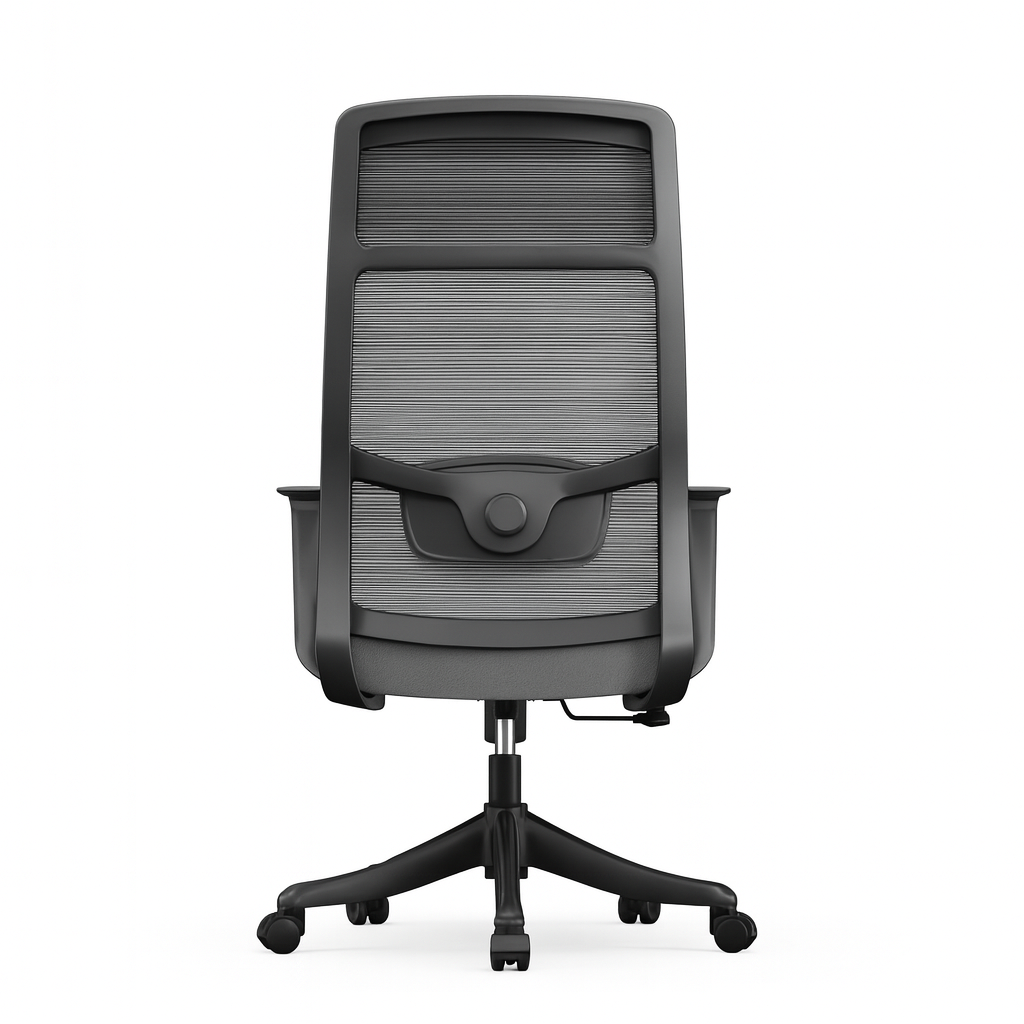 Silla de oficina ergonómica Steven-H con respaldo de malla, reposacabezas ajustable, soporte lumbar 2D, reposabrazos fijos y sistema de bloqueo de inclinación.