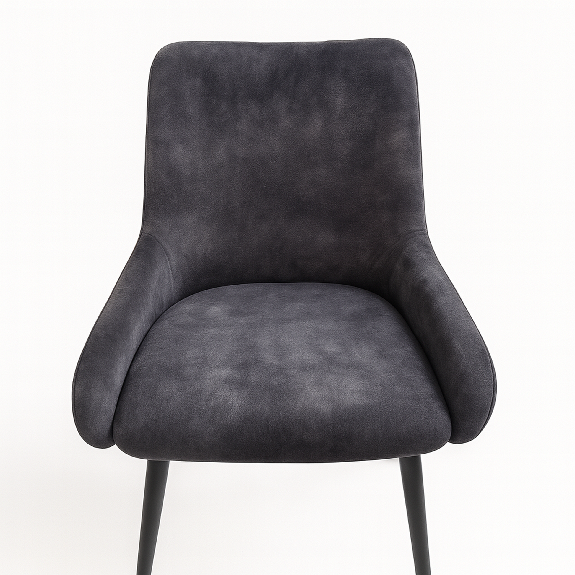 Silla de comedor con reposabrazos, tapizada con acabado terciopelo en gris y patas metálicas color negro. Un diseño moderno, sencillo y práctico.