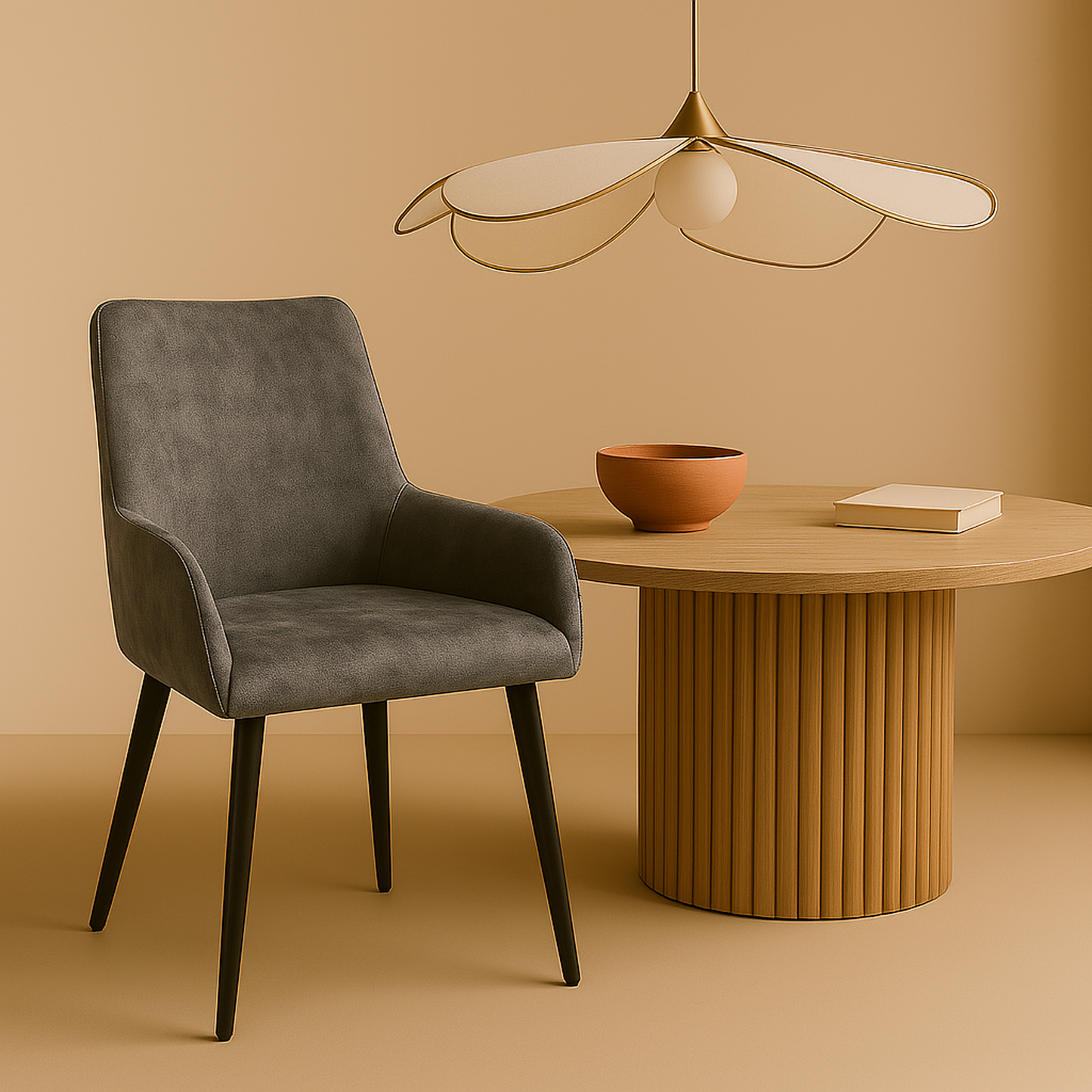 Silla de comedor con reposabrazos, tapizada con acabado terciopelo en gris y patas metálicas color negro. Un diseño moderno, sencillo y práctico.