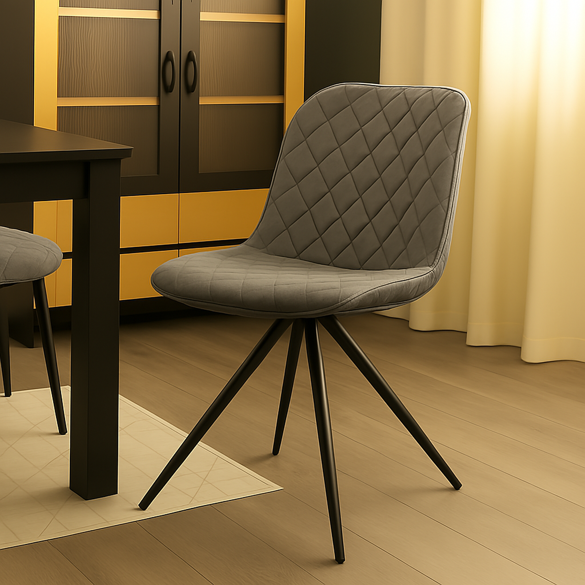 Silla de comedor velvet gris con patas metálicas. Este diseño combina el tacto aterciopelado del asiento con unas patas metálicas en color negro.