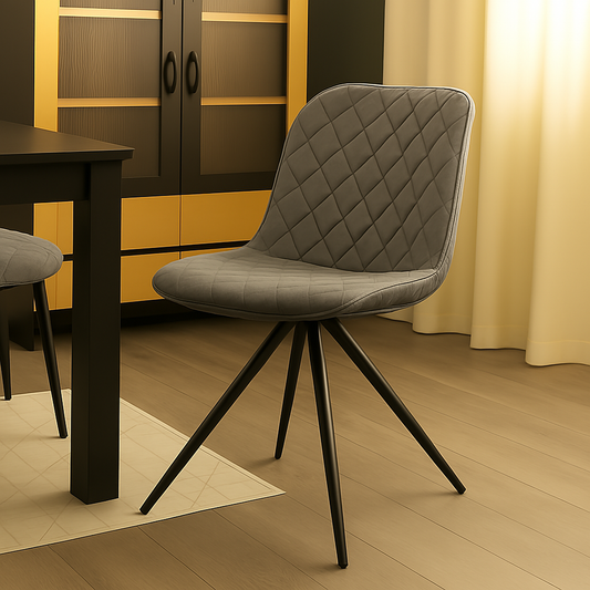 Silla de comedor velvet gris con patas metálicas. Este diseño combina el tacto aterciopelado del asiento con unas patas metálicas en color negro.