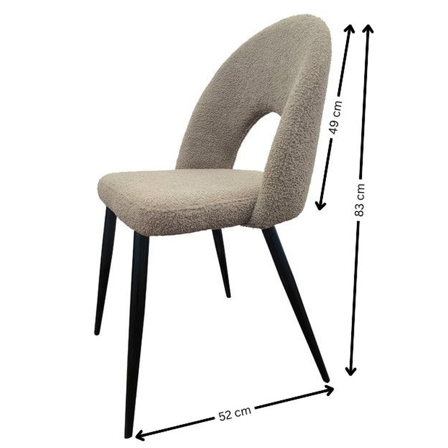 Silla de comedor moderna con asiento tapizado en bouclé gris y patas metálicas en negro. Una silla moderna, elegante y cómoda.
