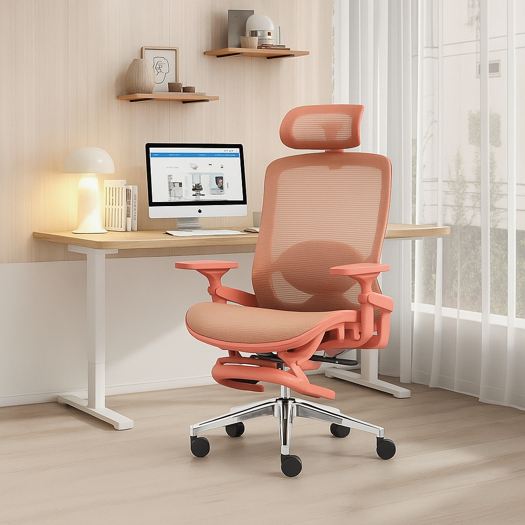 Silla de oficina ergonómica teja con respaldo y asiento de malla, soporte lumbar 2D, reposabrazos 6D, reposapiés y reclinación en 3 posiciones.