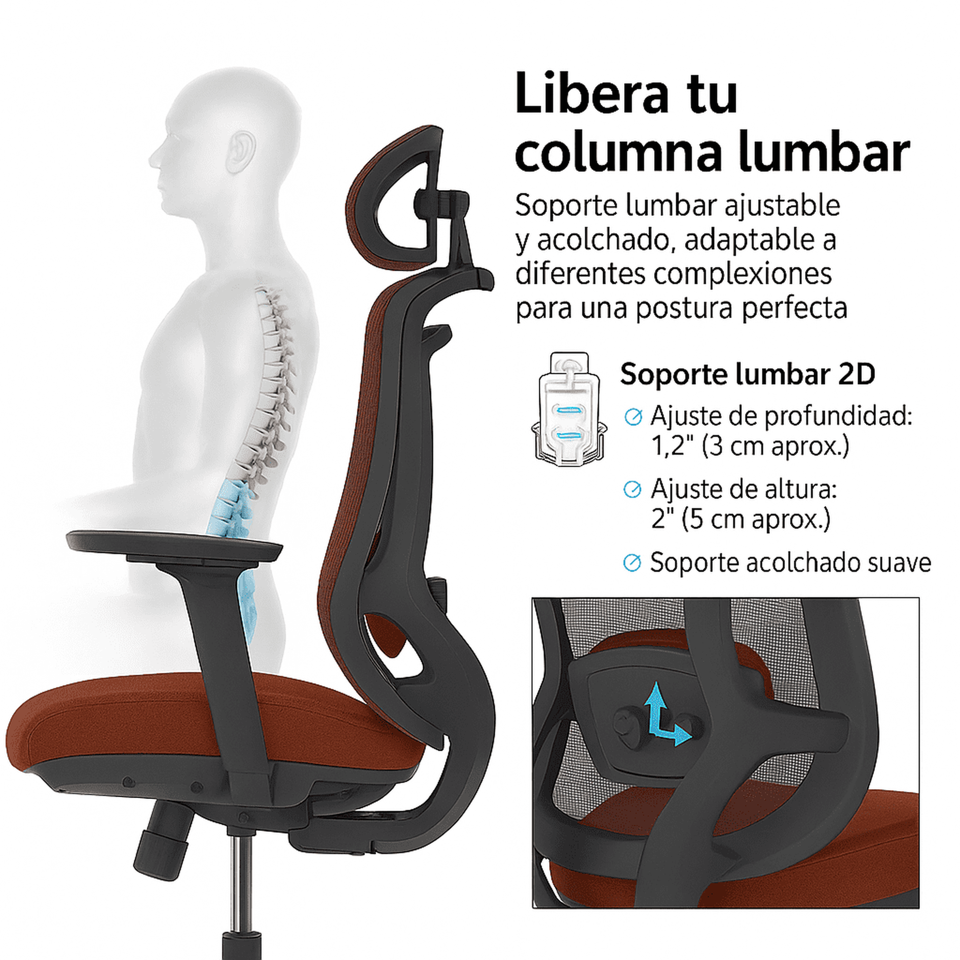 Silla de oficina ergonómica Icon-H Plus naranja con respaldo de malla, soporte lumbar 2D, reposacabezas 2D, reposabrazos 3D y ajuste en 3 posiciones.