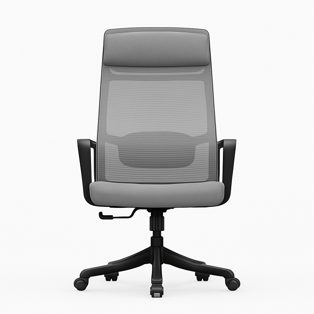 Silla de oficina ergonómica Steven-H con respaldo de malla, reposacabezas ajustable, soporte lumbar 2D, reposabrazos fijos y sistema de bloqueo de inclinación.