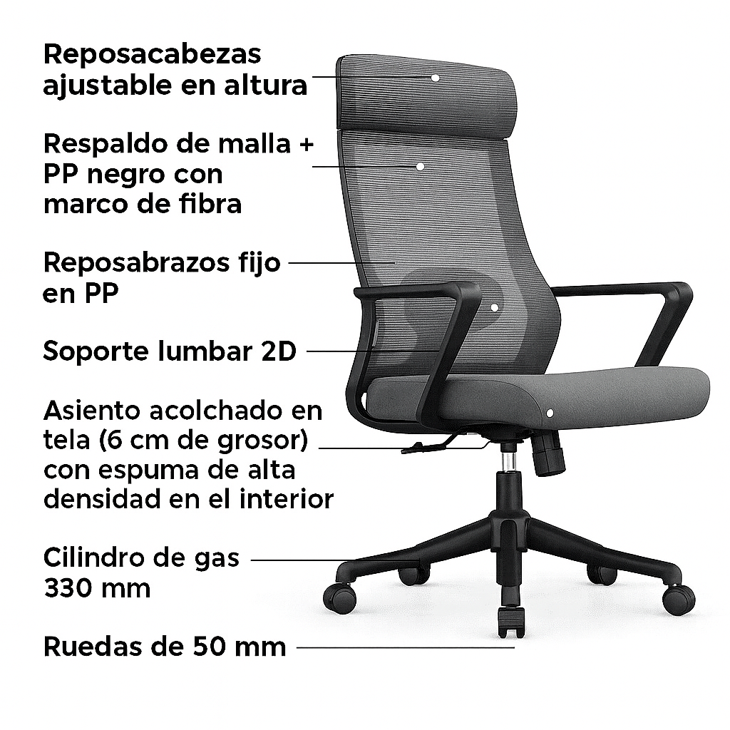 Silla de oficina ergonómica Steven-H con respaldo de malla, reposacabezas ajustable, soporte lumbar 2D, reposabrazos fijos y sistema de bloqueo de inclinación.