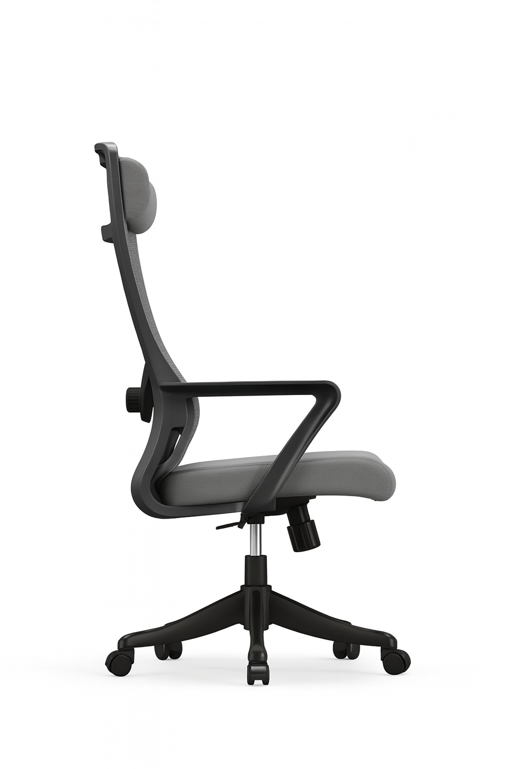 Silla de oficina ergonómica Steven-H con respaldo de malla, reposacabezas ajustable, soporte lumbar 2D, reposabrazos fijos y sistema de bloqueo de inclinación.