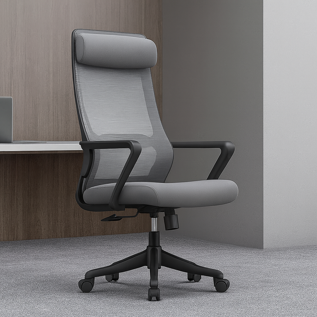 Silla de oficina ergonómica Steven-H con respaldo de malla, reposacabezas ajustable, soporte lumbar 2D, reposabrazos fijos y sistema de bloqueo de inclinación.