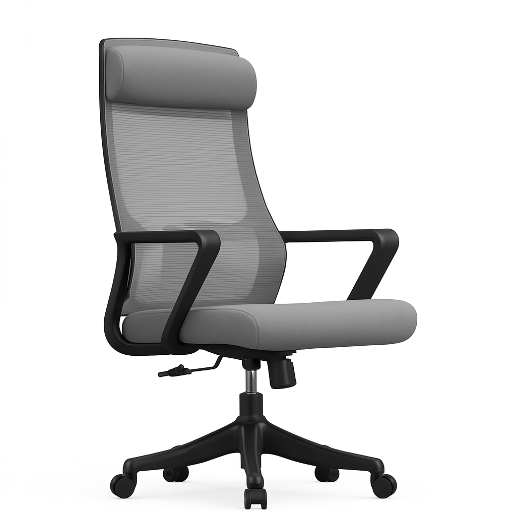 Silla de oficina ergonómica Steven-H con respaldo de malla, reposacabezas ajustable, soporte lumbar 2D, reposabrazos fijos y sistema de bloqueo de inclinación.