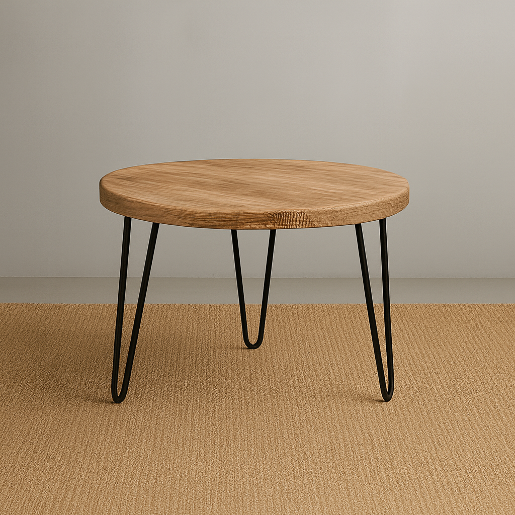 Mesa auxiliar redonda en madera de pino de reciclado. Práctica y versátil, con un estilo minimalista y un acabado natural. 