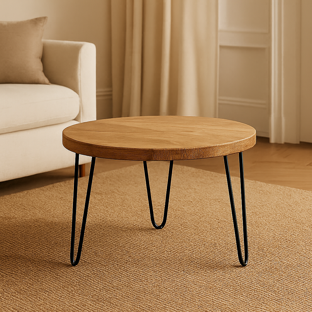 Mesa auxiliar redonda en madera de pino de reciclado. Práctica y versátil, con un estilo minimalista y un acabado natural. 