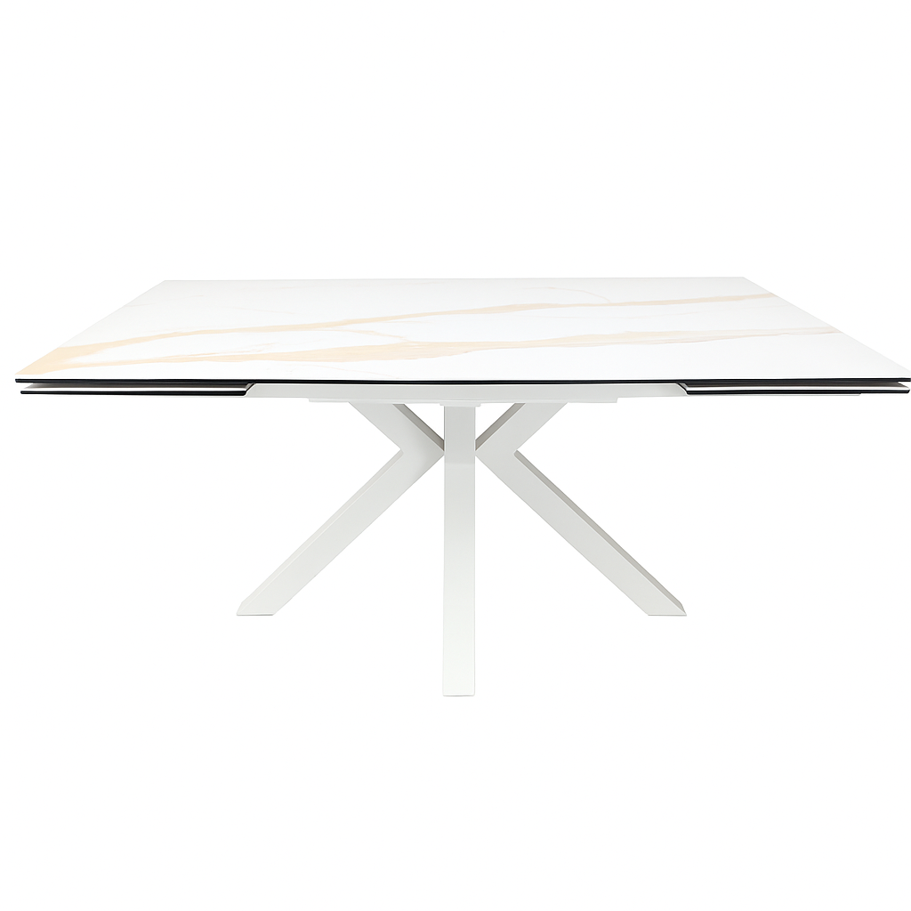 Mesa de comedor Zeri con tablero cerámico y patas blanco arenoso. Diseño moderno, gran resistencia y fácil mantenimiento para salones y comedores contemporáneos.