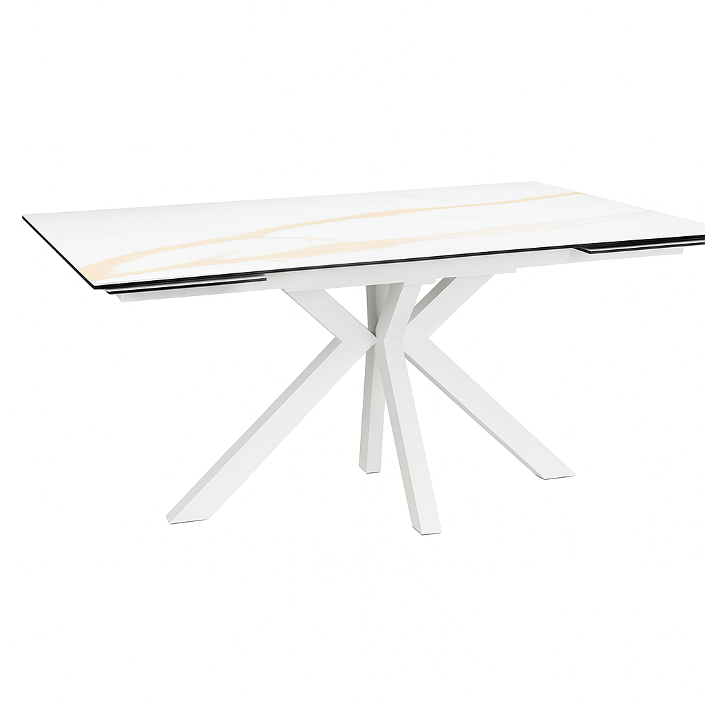 Mesa de comedor Zeri con tablero cerámico y patas blanco arenoso. Diseño moderno, gran resistencia y fácil mantenimiento para salones y comedores contemporáneos.