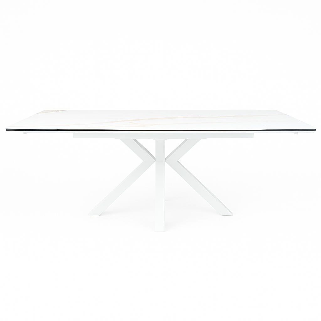 Mesa de comedor Zeri con tablero cerámico y patas blanco arenoso. Diseño moderno, gran resistencia y fácil mantenimiento para salones y comedores contemporáneos.