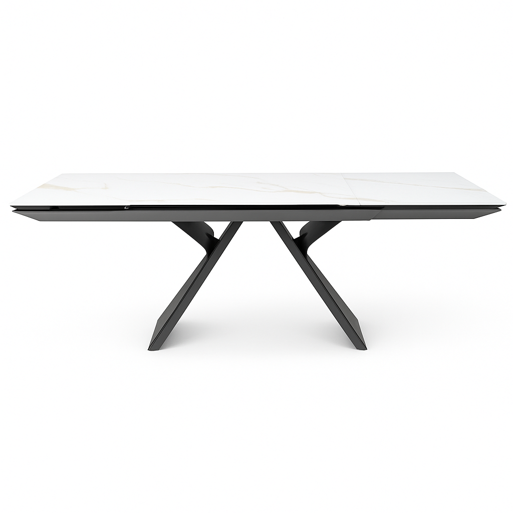 Mesa porcelánica Gia extensible 160–240 cm de piedra sinterizada brillante con patas gris arenoso. Alta resistencia, diseño moderno y fácil mantenimiento para salones y comedores.