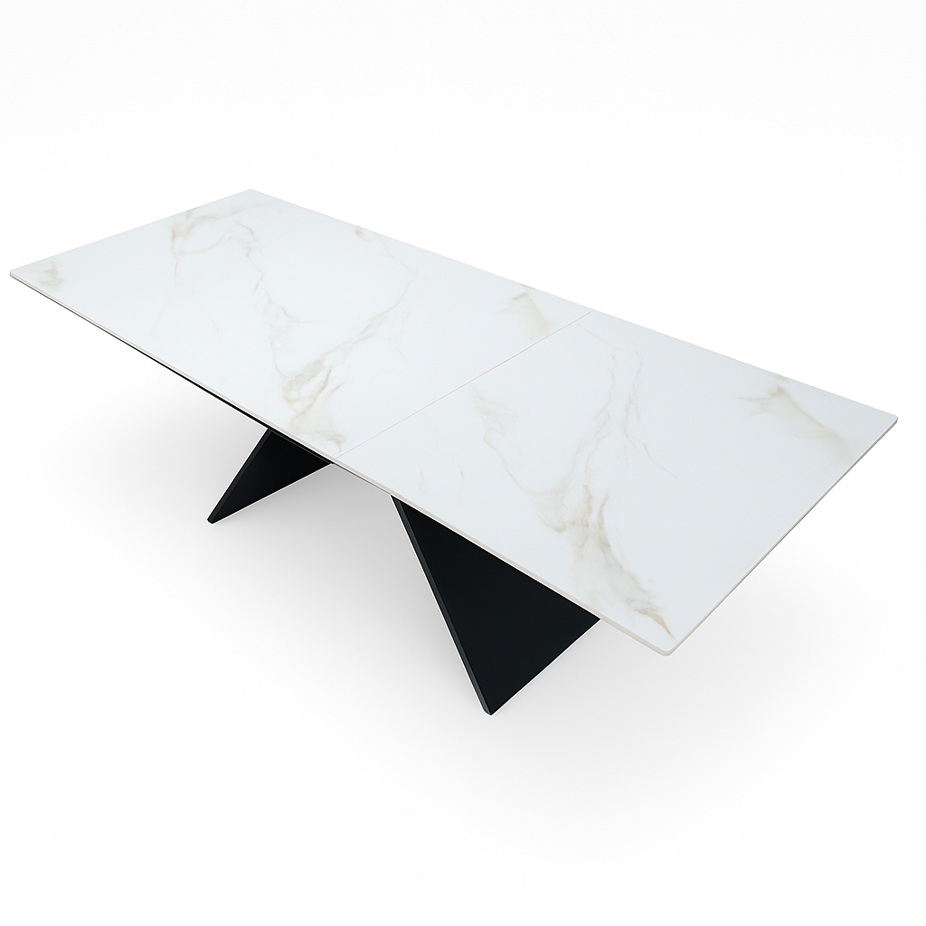 Mesa porcelánica Gia extensible 160–240 cm de piedra sinterizada brillante con patas gris arenoso. Alta resistencia, diseño moderno y fácil mantenimiento para salones y comedores.
