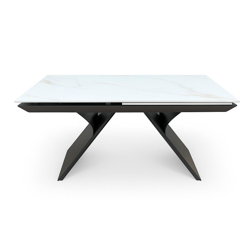 Mesa porcelánica Gia extensible 160–240 cm de piedra sinterizada brillante con patas gris arenoso. Alta resistencia, diseño moderno y fácil mantenimiento para salones y comedores.