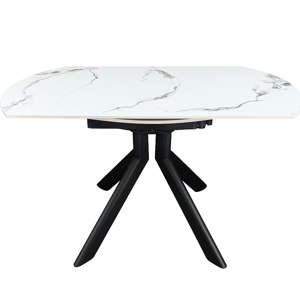 Mesa porcelánica Elun de piedra sinterizada brillante con patas en negro arenoso. Diseño moderno, alta resistencia, fácil limpieza y perfecta para salón o comedor.