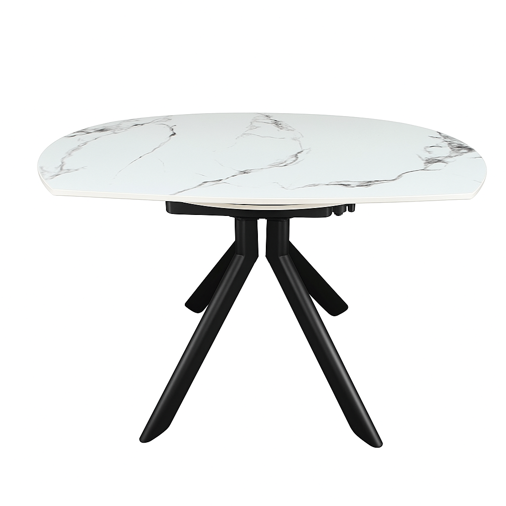 Mesa porcelánica Elun de piedra sinterizada brillante con patas en negro arenoso. Diseño moderno, alta resistencia, fácil limpieza y perfecta para salón o comedor.