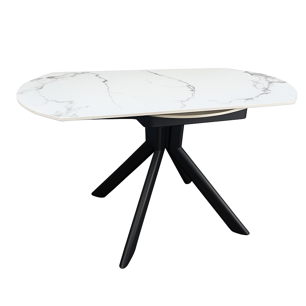 Mesa porcelánica Elun de piedra sinterizada brillante con patas en negro arenoso. Diseño moderno, alta resistencia, fácil limpieza y perfecta para salón o comedor.