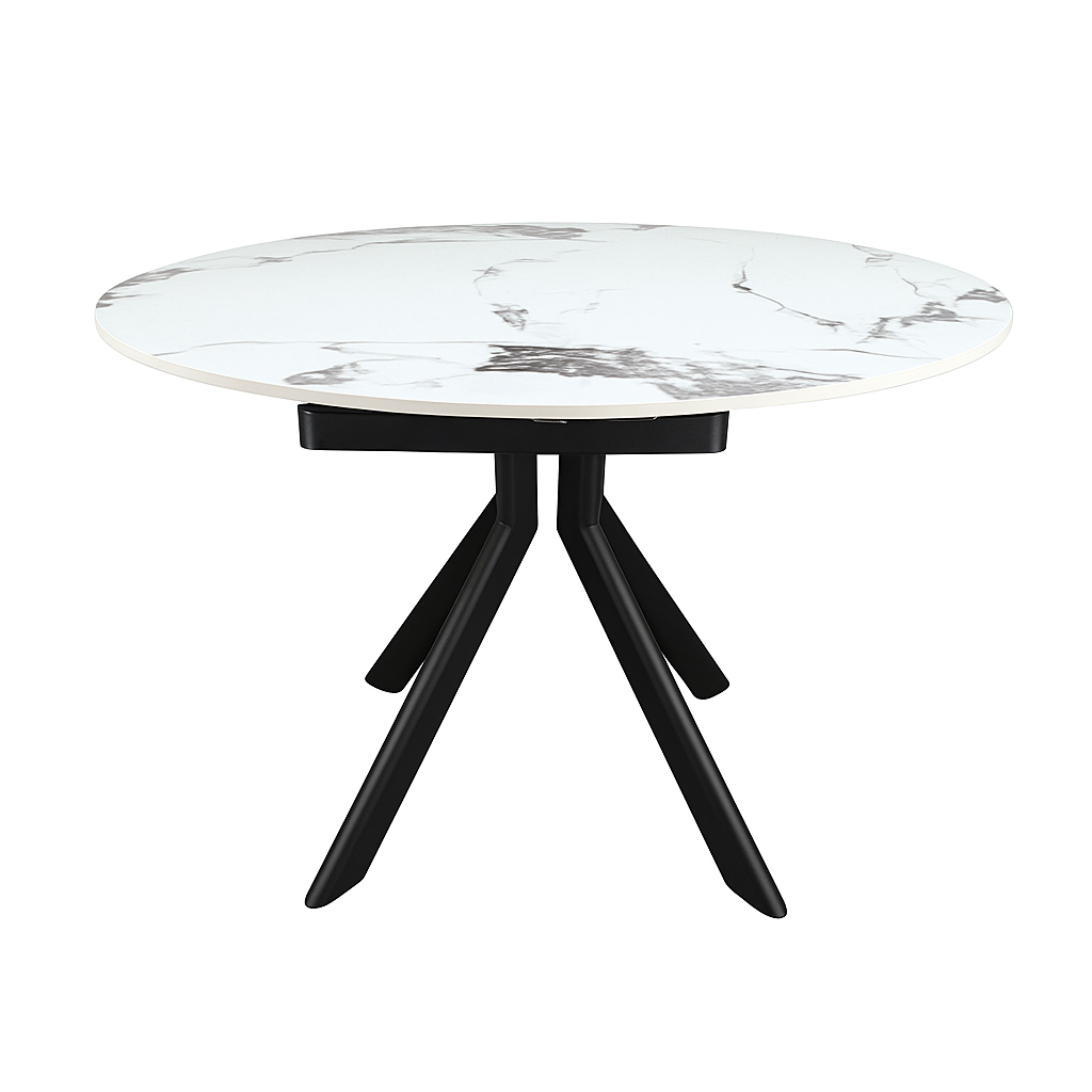 Mesa porcelánica Elun de piedra sinterizada brillante con patas en negro arenoso. Diseño moderno, alta resistencia, fácil limpieza y perfecta para salón o comedor.