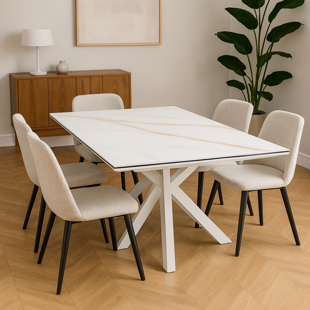 Mesa de comedor Zeri con tablero cerámico y patas blanco arenoso. Diseño moderno, gran resistencia y fácil mantenimiento para salones y comedores contemporáneos.
