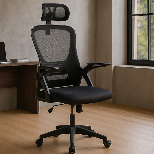 Silla de oficina ARGOS de malla negra, ergonómica y regulable. Respaldo alto, asiento acolchado y gran confort. Medidas: 61 × 59 × 114 cm.