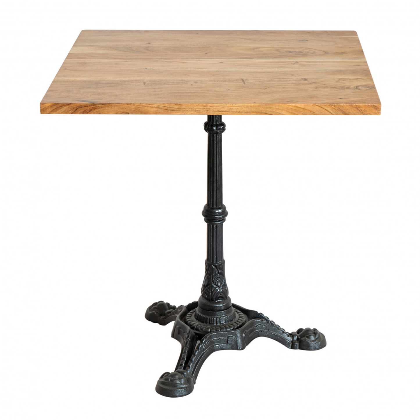 Mesa de hostelería 70×70 cm en madera de acacia natural con pie central de 3 puntas. Estilo natural, resistente y perfecta para bares y cafeterías.