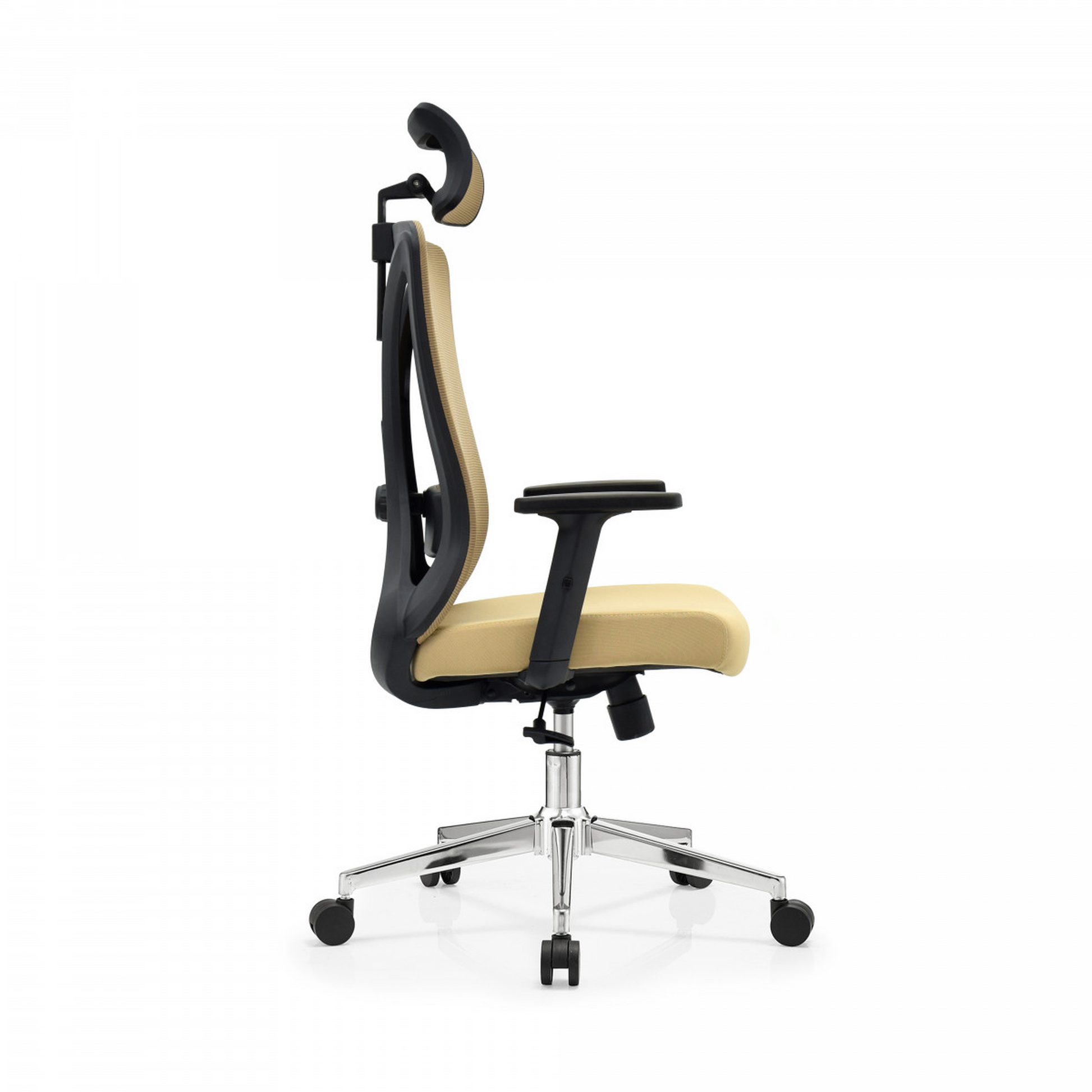 Silla de oficina ergonómica caqui con respaldo de malla, soporte lumbar 2D, reposacabezas ajustable y percha trasera. Confort y estilo para tu oficina.