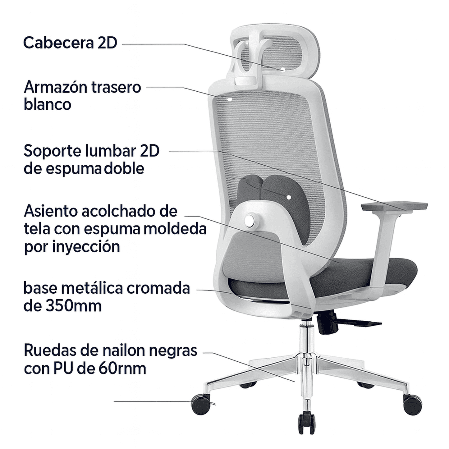 Silla de Oficina Ergonómica Vela-HW con Soporte Lumbar 2D