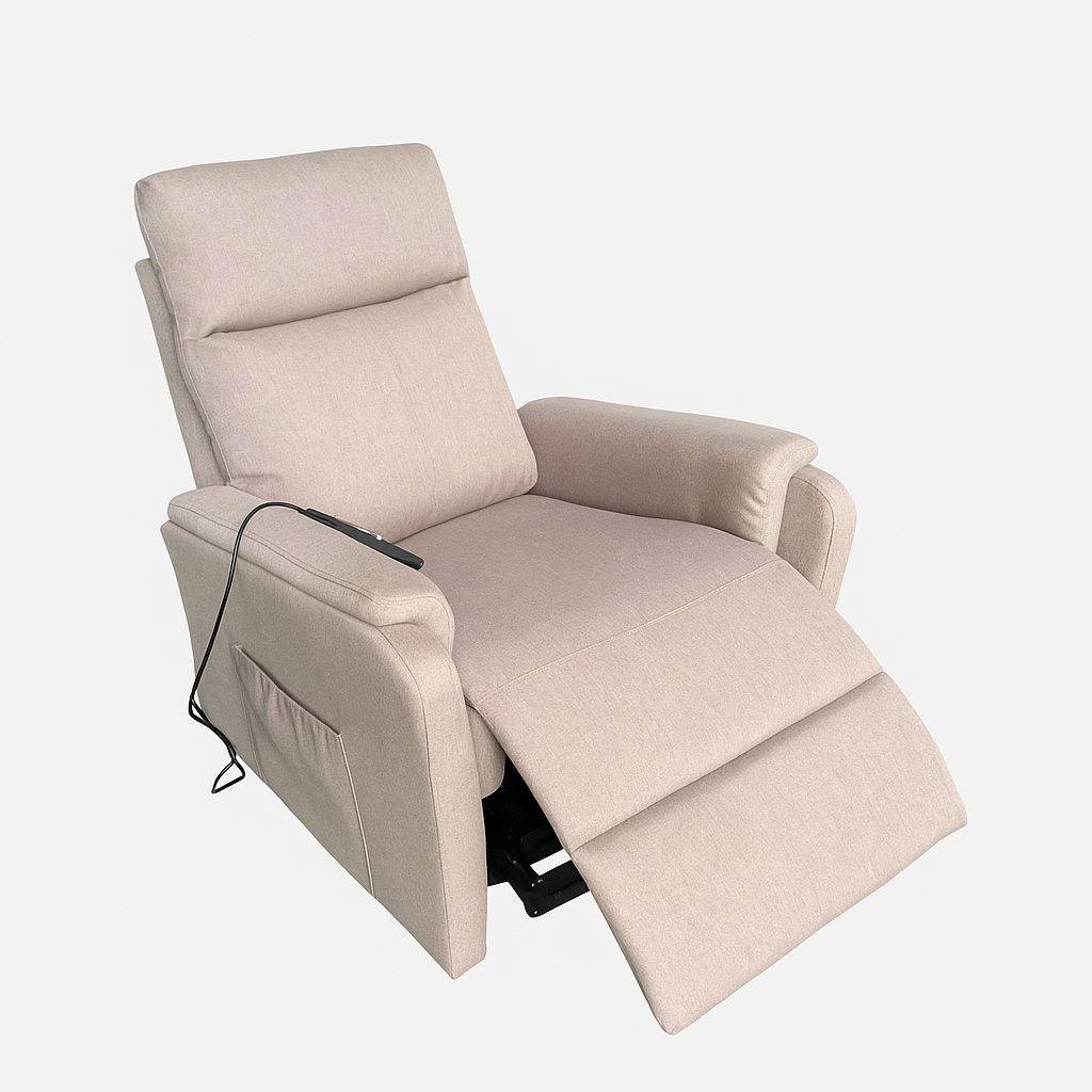 Sillón relax eléctrico Luma en color beige o gris. Reclinable, cómodo y elegante. Medidas 76×93×100 cm, ideal para salones modernos y funcionales.