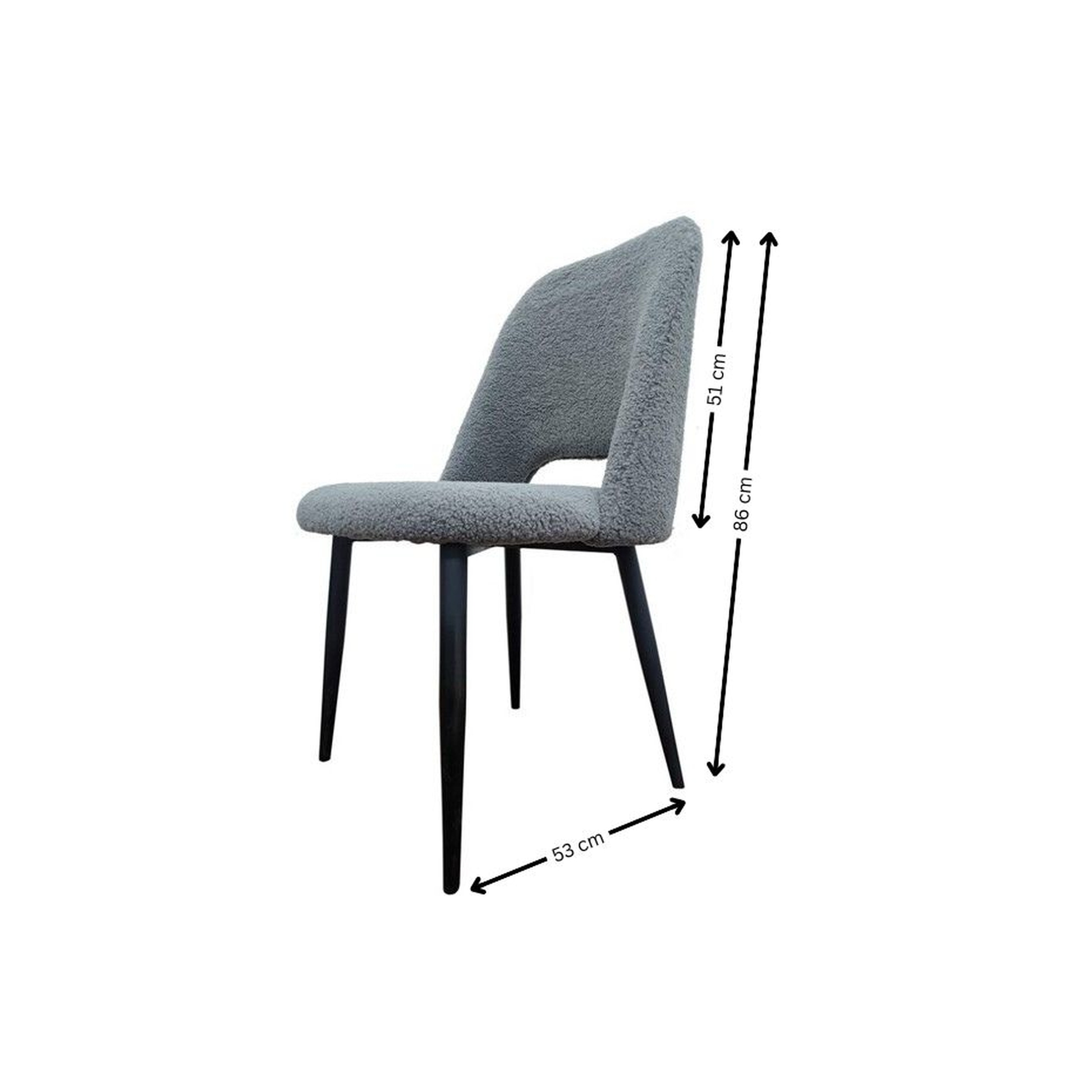 Silla de comedor tapizada en bouclé gris y patas metálicas en negro. Ideales para dar un toque elegante y glamouroso tanto en comedores como en cocinas.