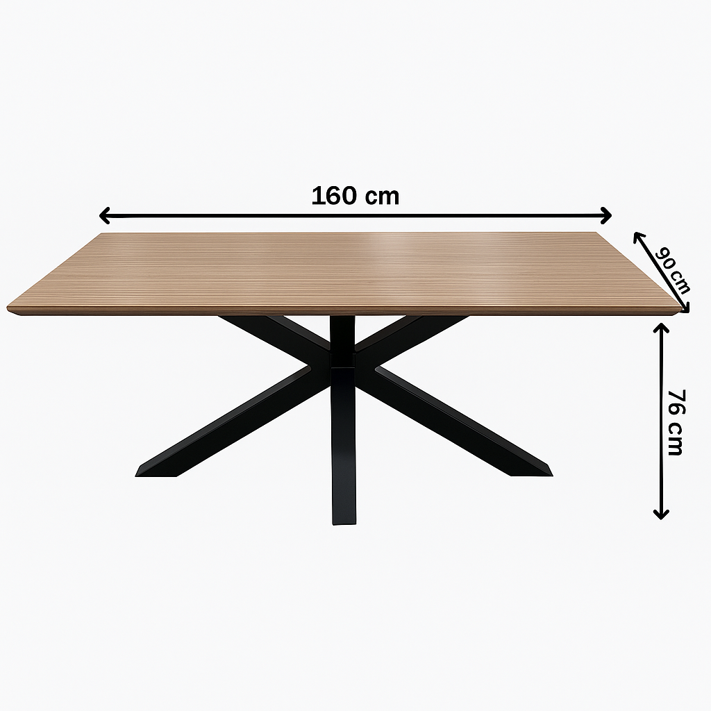Mesa de comedor rectangular en MDF acabado madera con patas metálicas. Una mesa elegante, sofisticada y sencilla.