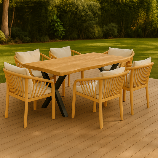 Mesa de comedor rectangular, tablero en MDF con acabado madera y patas metálicas resistentes revestidas en negro. Equilibrio entre estilo y resistencia.