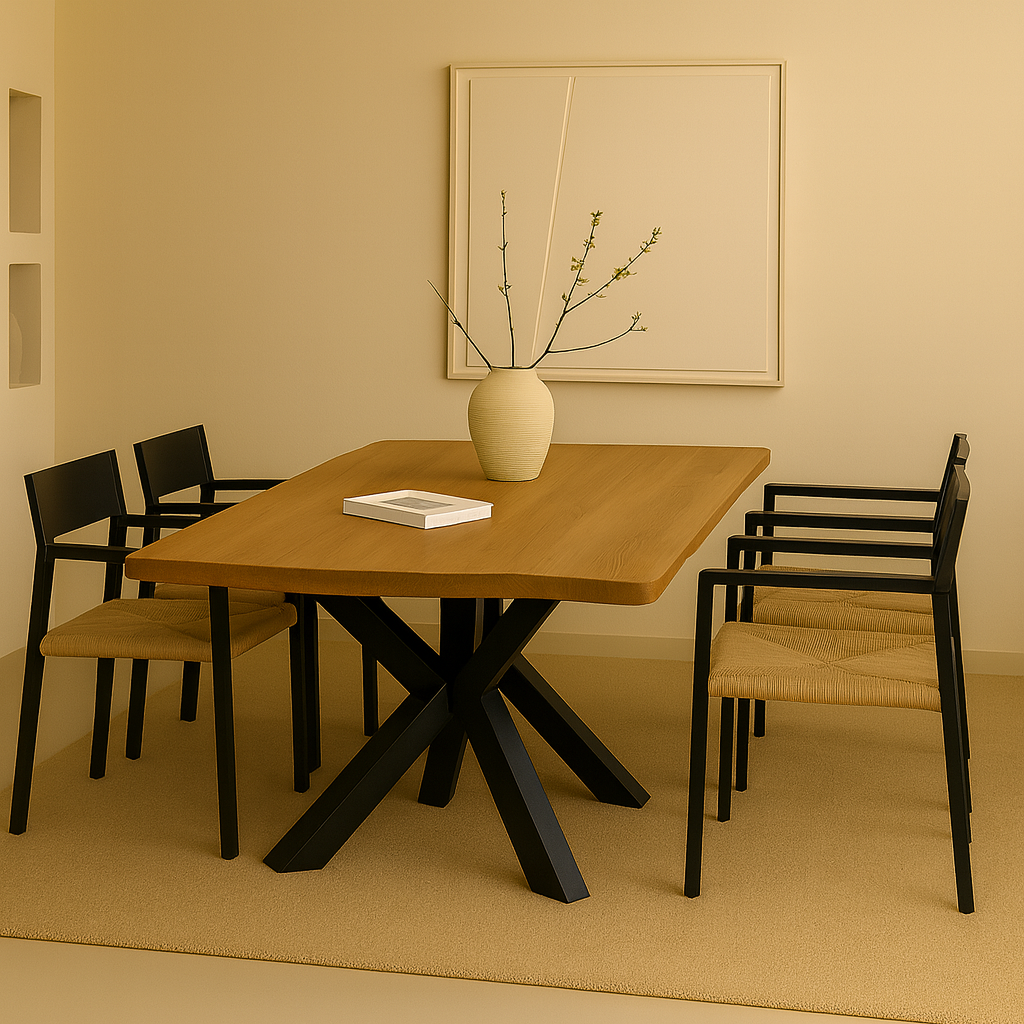 Mesa de comedor de acacia maciza "TALLIN" en color natural con patas metálicas tipo araña. Diseño moderno e industrial ideal para cualquier comedor.