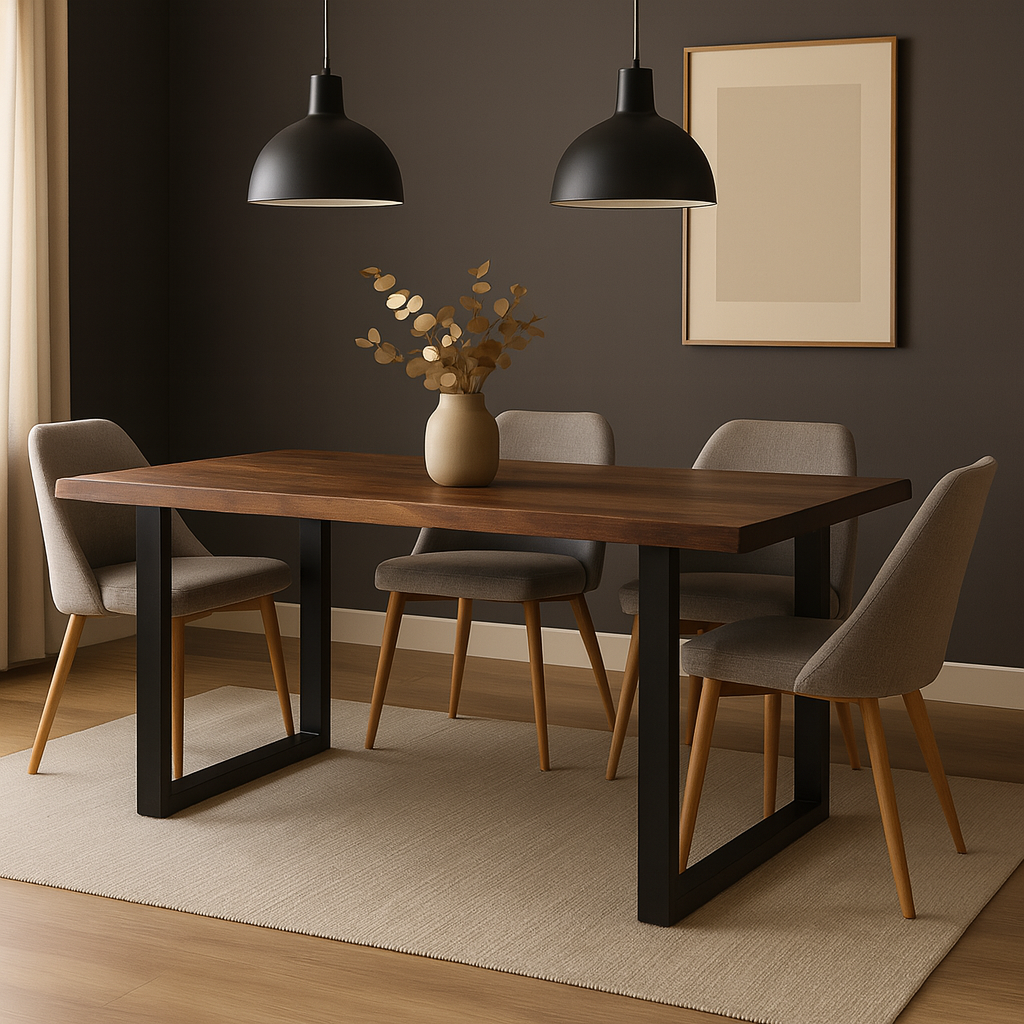 Mesa de comedor VILNA de acacia efecto óxido con patas en U negras. Diseño industrial ideal para espacios modernos y con estilo.