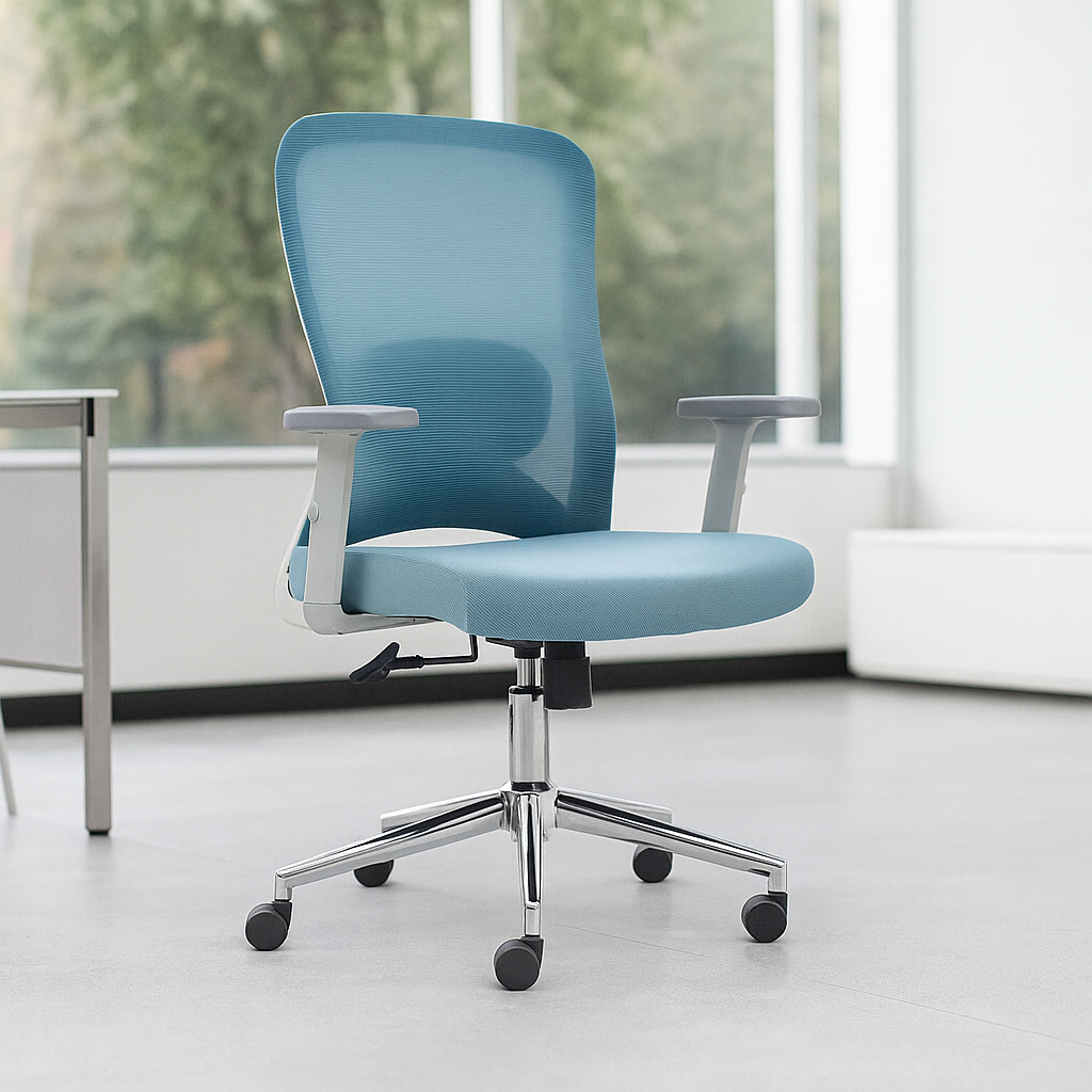 Silla de oficina ergonómica Sammy-MG con respaldo de malla media altura, soporte lumbar 2D, reposabrazos ajustables y sistema de inclinación con bloqueo.