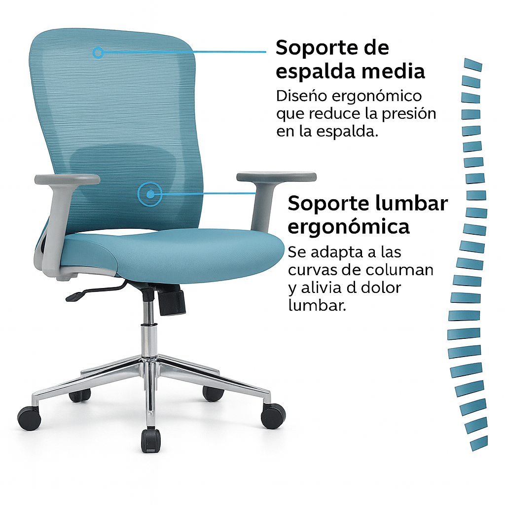 Silla de oficina ergonómica Sammy-MG con respaldo de malla media altura, soporte lumbar 2D, reposabrazos ajustables y sistema de inclinación con bloqueo.