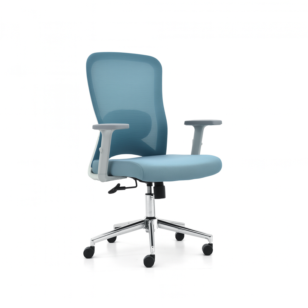 Silla de oficina ergonómica Sammy-MG con respaldo de malla media altura, soporte lumbar 2D, reposabrazos ajustables y sistema de inclinación con bloqueo.