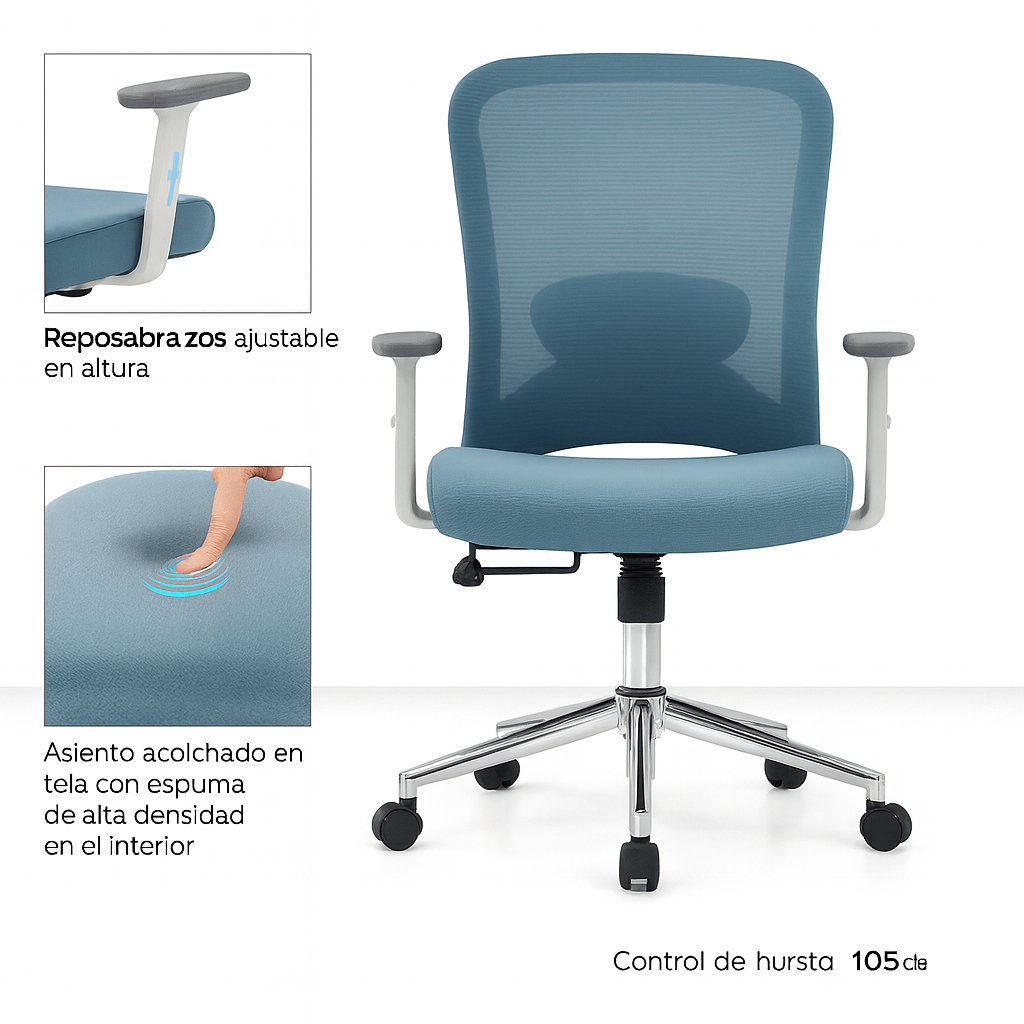 Silla de oficina ergonómica Sammy-MG con respaldo de malla media altura, soporte lumbar 2D, reposabrazos ajustables y sistema de inclinación con bloqueo.