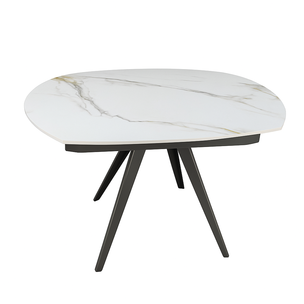 Mesa de comedor Serel con tablero de piedra sinterizada mate o brillante y patas en negro o gris arenoso. Alta resistencia, fácil limpieza y diseño contemporáneo para salones y comedores modernos.