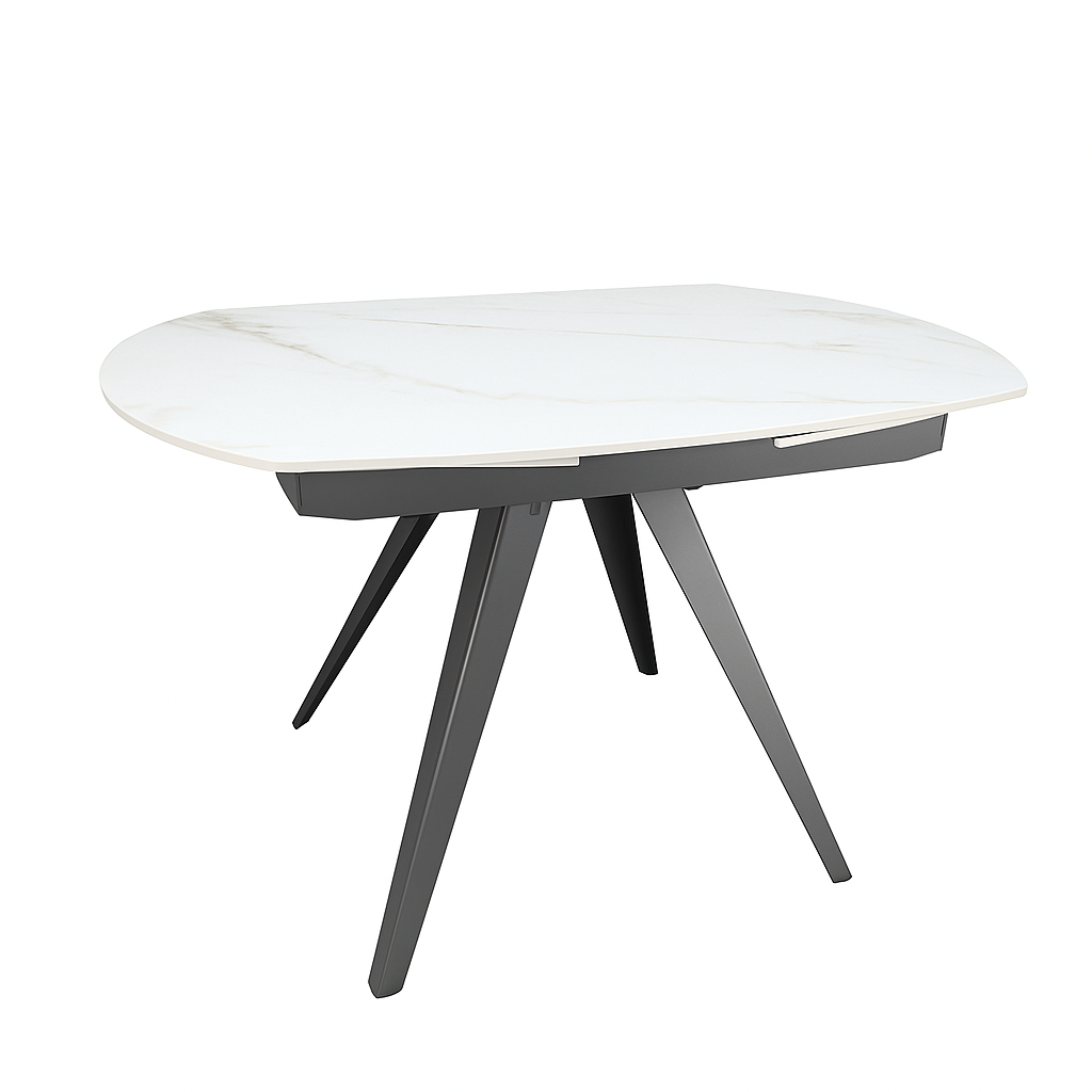 Mesa de comedor Serel con tablero de piedra sinterizada mate o brillante y patas en negro o gris arenoso. Alta resistencia, fácil limpieza y diseño contemporáneo para salones y comedores modernos.