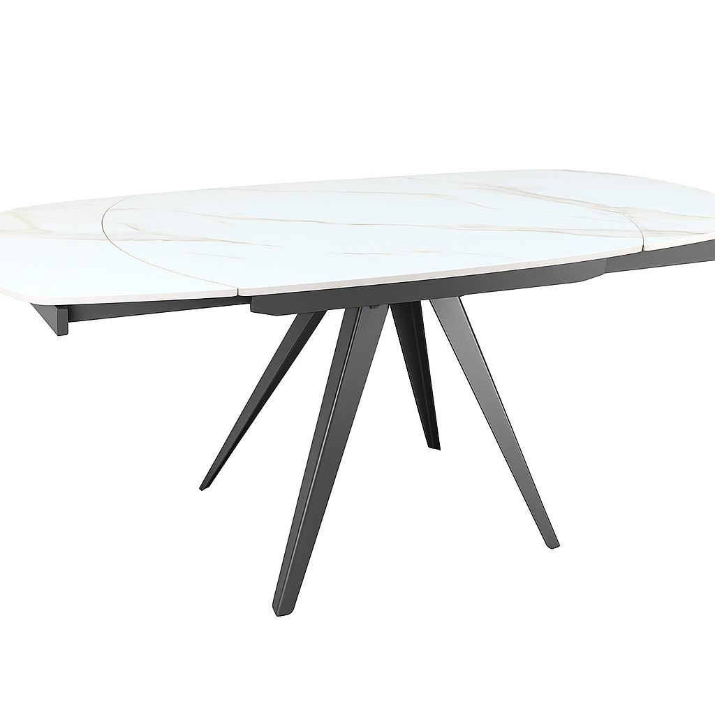 Mesa de comedor Serel con tablero de piedra sinterizada mate o brillante y patas en negro o gris arenoso. Alta resistencia, fácil limpieza y diseño contemporáneo para salones y comedores modernos.