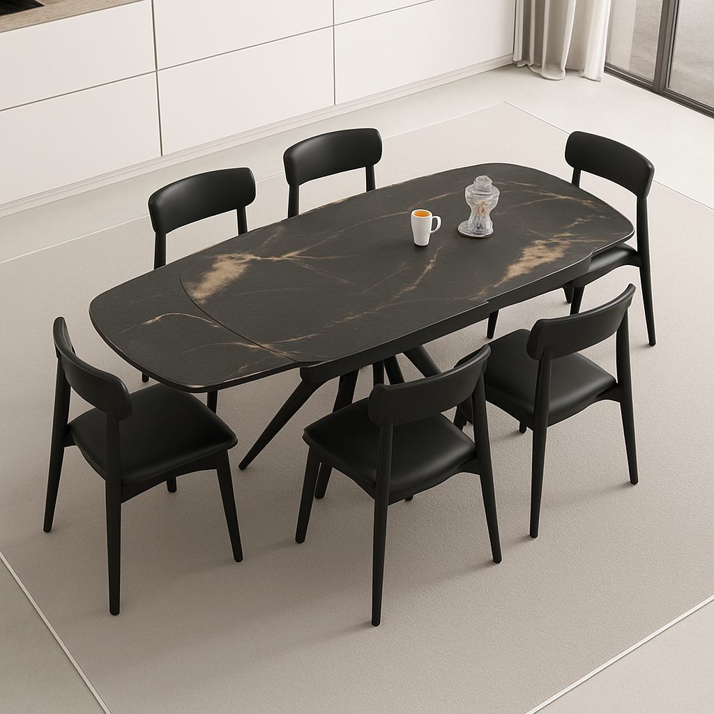 Mesa de comedor Serel con tablero de piedra sinterizada mate y patas en negro arenoso. Alta resistencia, fácil limpieza y diseño contemporáneo para salones y comedores modernos.