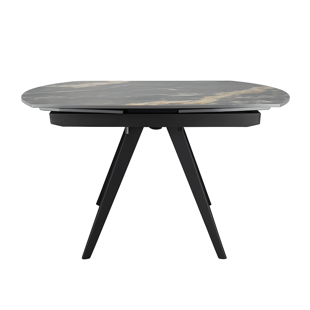 Mesa de comedor Serel con tablero de piedra sinterizada mate o brillante y patas en negro o gris arenoso. Alta resistencia, fácil limpieza y diseño contemporáneo para salones y comedores modernos.
