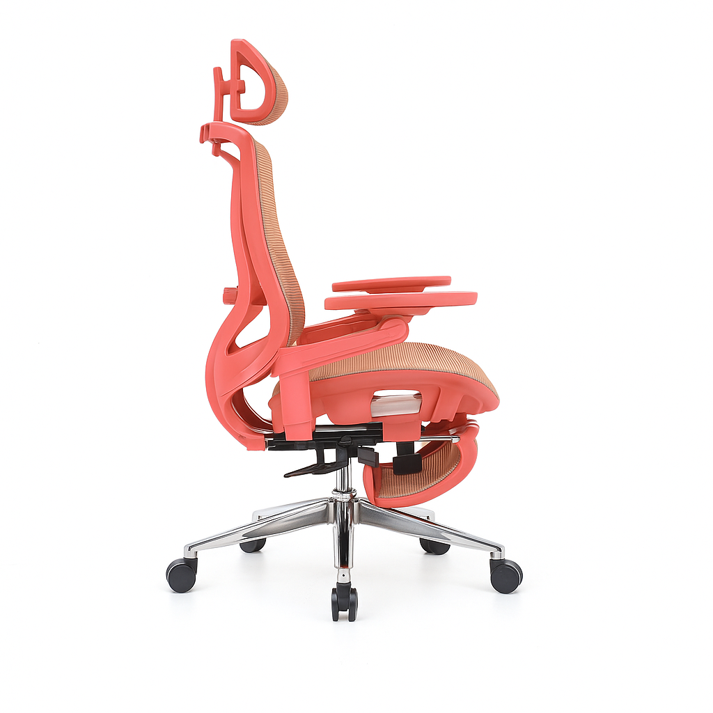 Silla de oficina ergonómica teja con respaldo y asiento de malla, soporte lumbar 2D, reposabrazos 6D, reposapiés y reclinación en 3 posiciones.