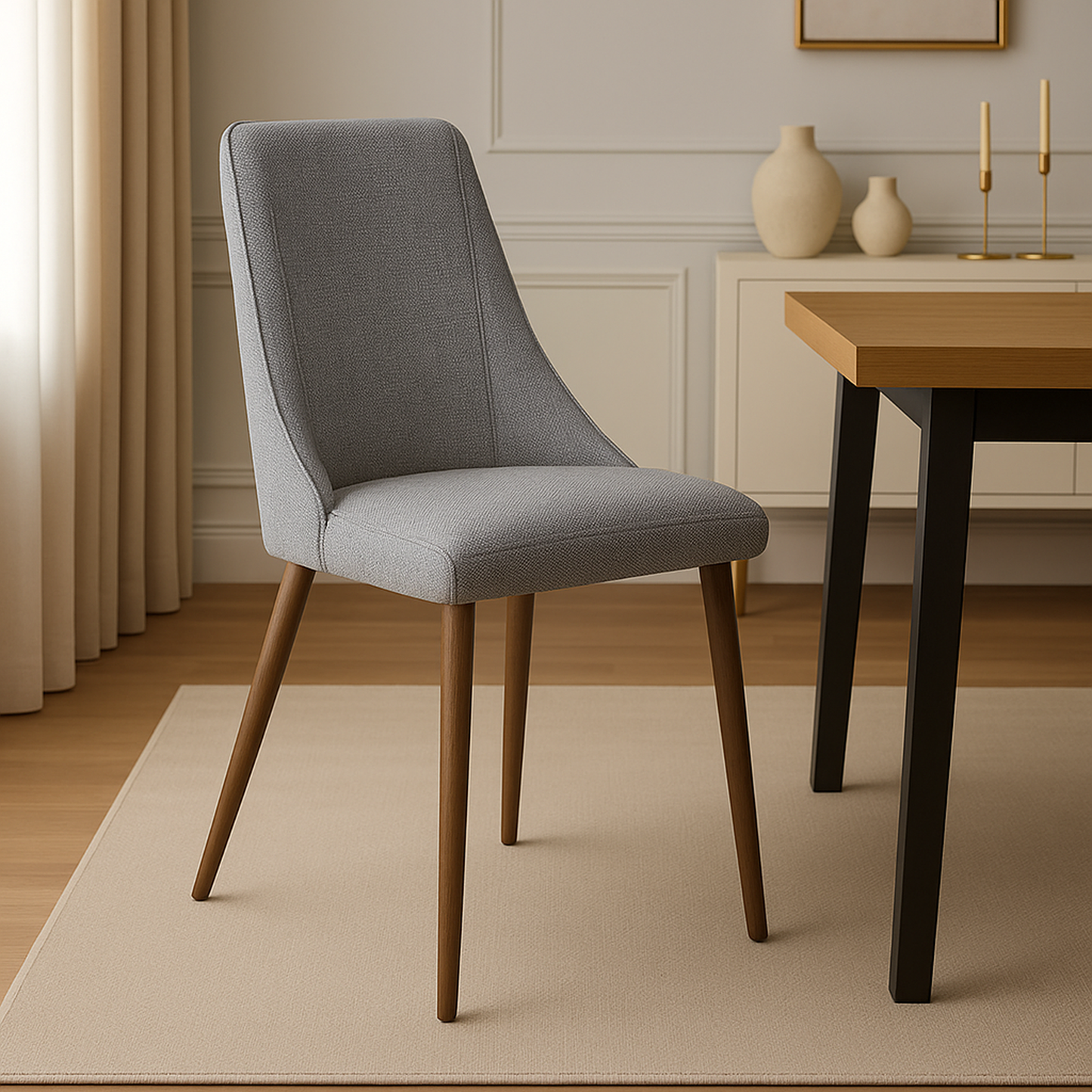 Silla de comedor clásica tapizada en gris oscuro con patas metálicas. Ideal para añadir elegancia y sofisticación a tu comedor. 