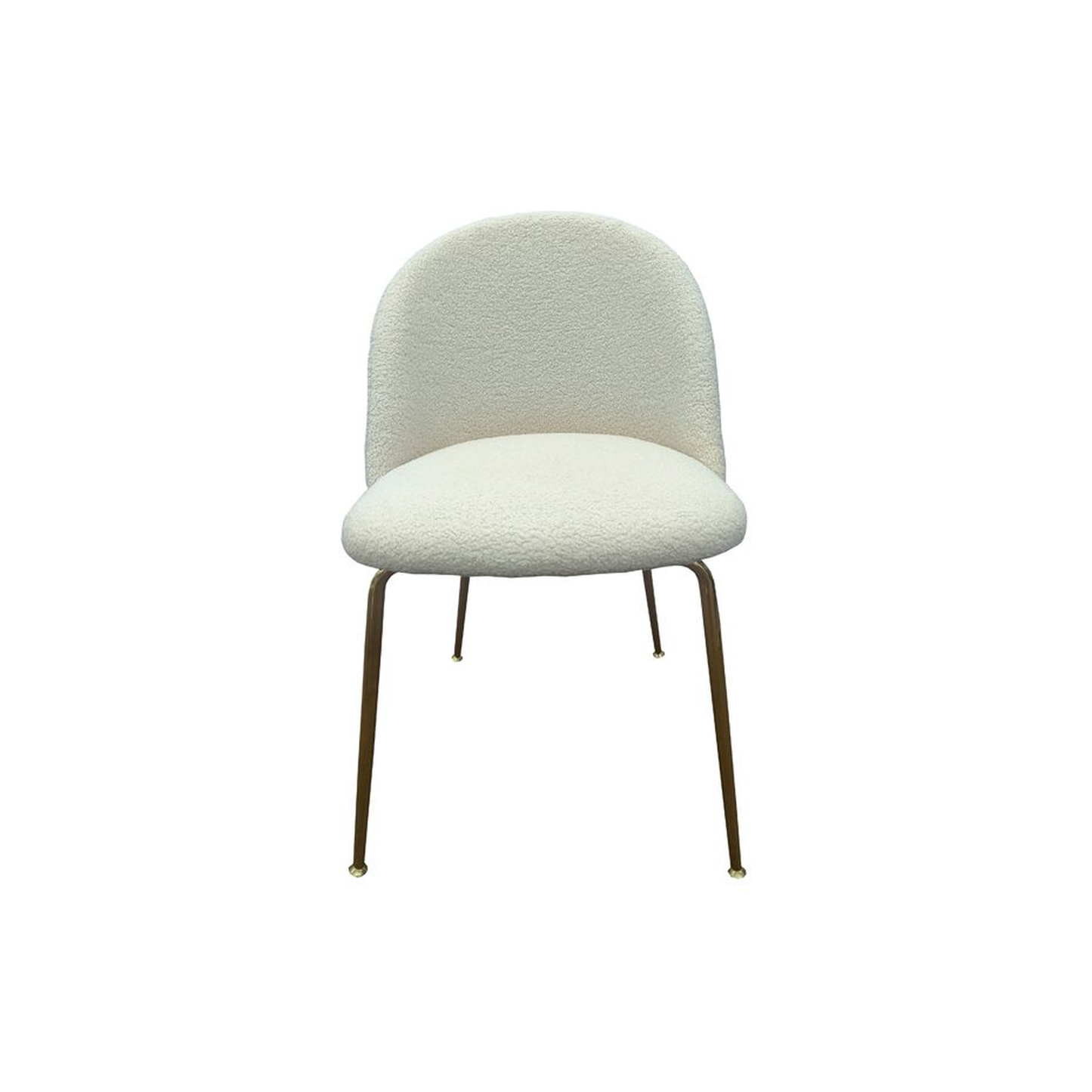 Silla de comedor tapizada en borreguito blanco. Perfecta para crear un ambiente confortable, además de sofisticado gracias a sus patas metálicas en dorado.