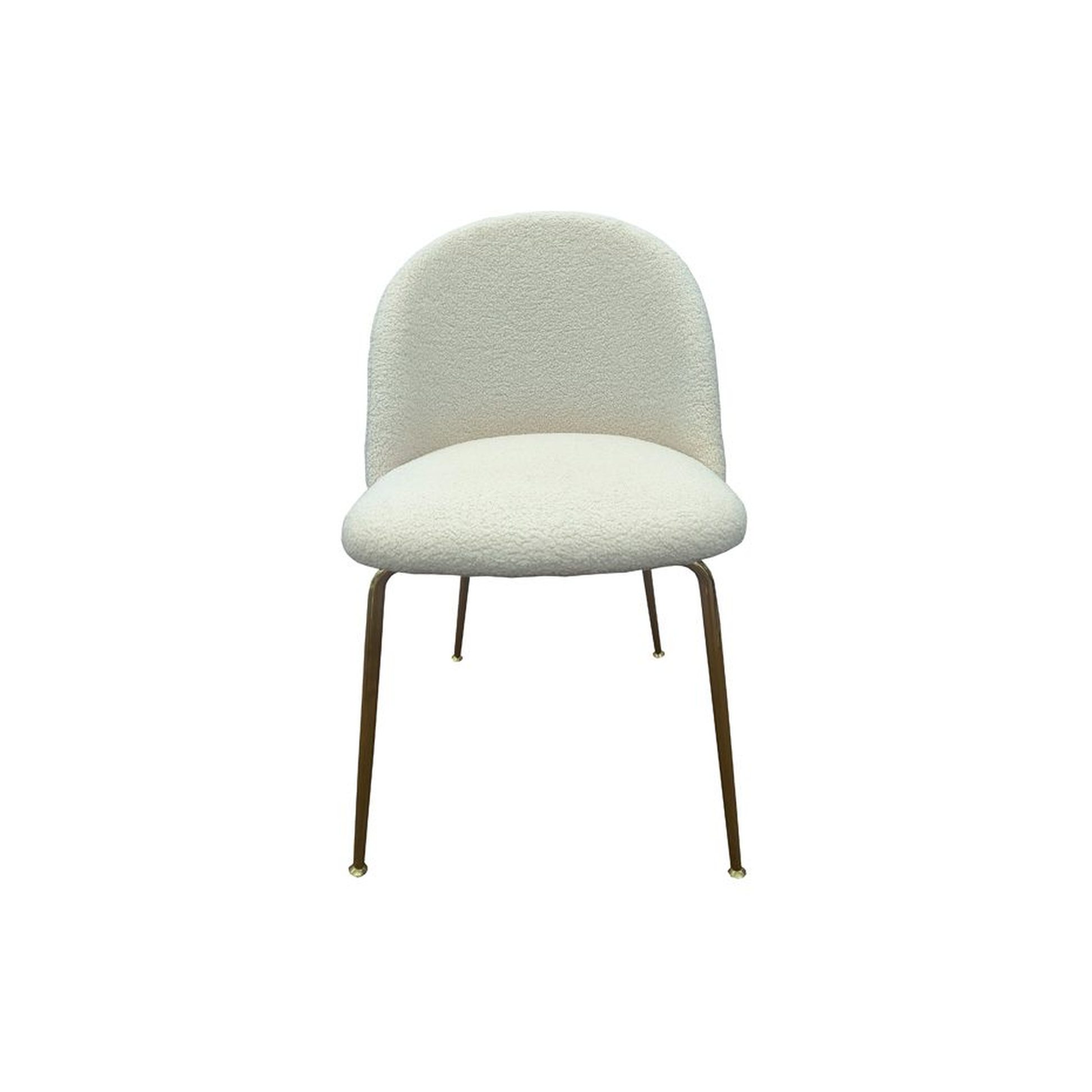 Silla de comedor tapizada en borreguito blanco. Perfecta para crear un ambiente confortable, además de sofisticado gracias a sus patas metálicas en dorado.