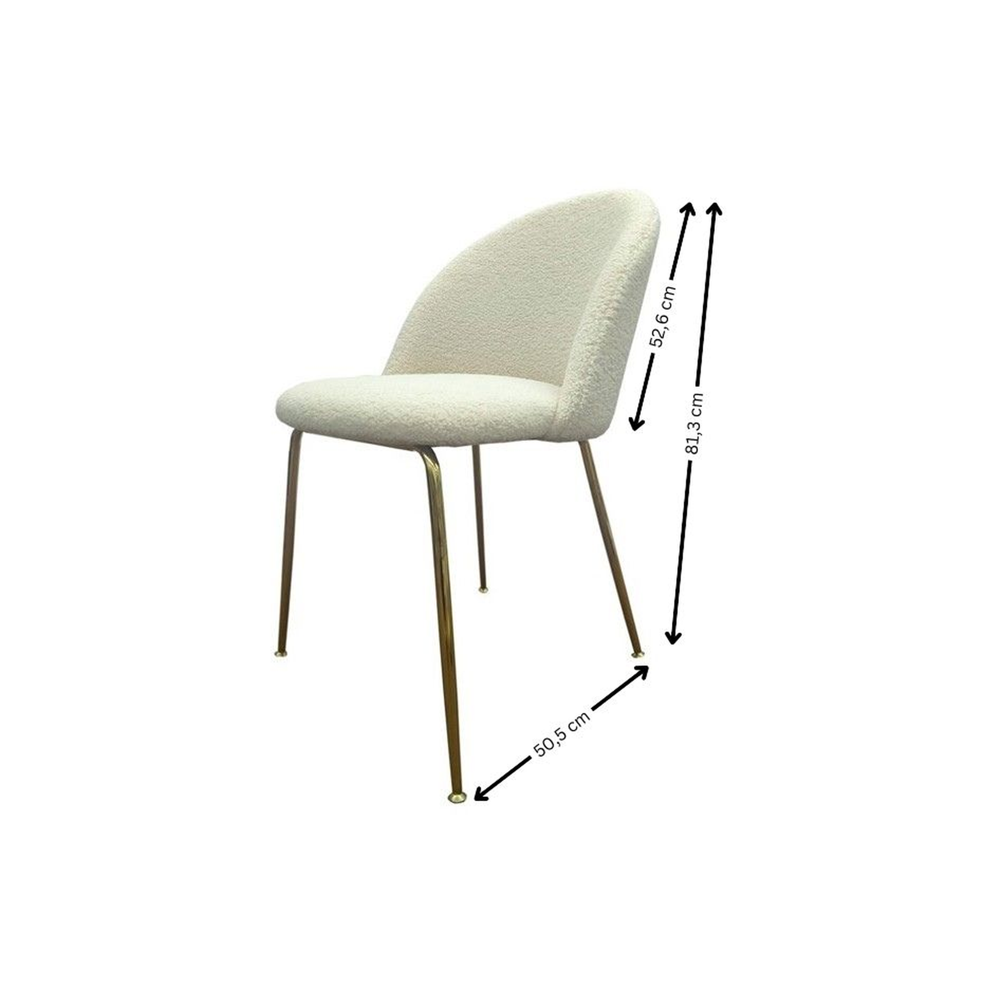 Silla de comedor tapizada en borreguito blanco. Perfecta para crear un ambiente confortable, además de sofisticado gracias a sus patas metálicas en dorado.